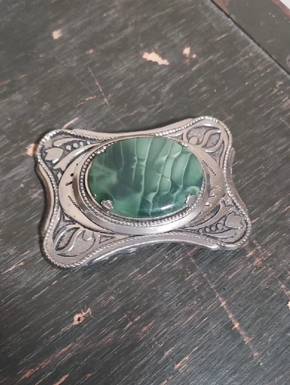 Vintage Boho Art Nouveau Scalloped Belt Buckle Green Striped Cabochon SilverTone